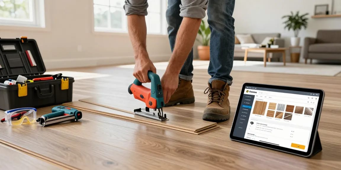 Craftsman using flooring business software during laminate installation in a modern home