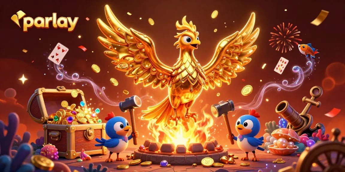 Taruhan parlay dengan phoenix emas yang megah di tengah harta karun penuh koin, diiringi efek meriah dan cahaya gemerlap