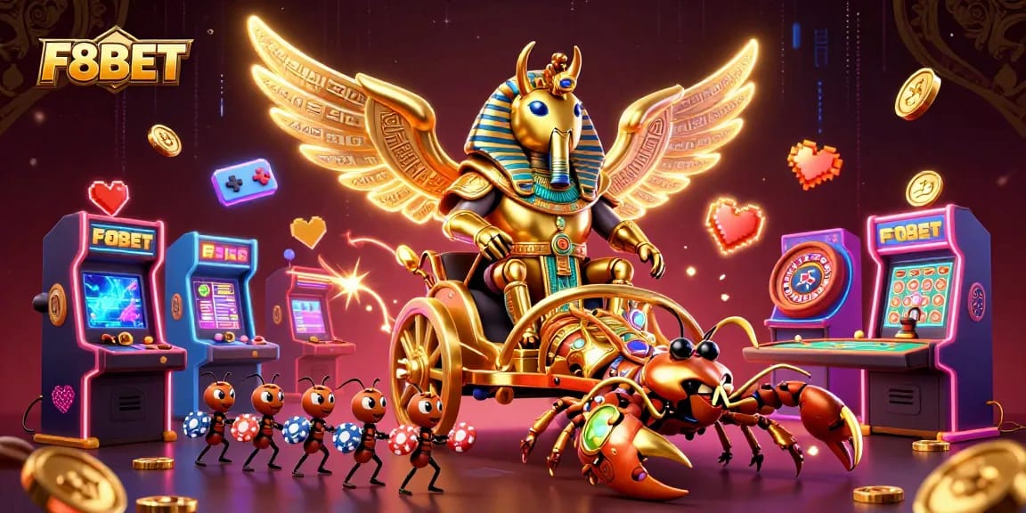 Engage with F8BET's exciting gaming experience, featuring a golden scarab and gambling elements.