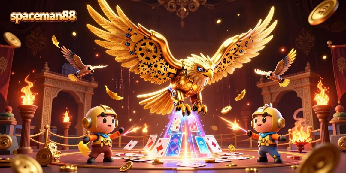 Experience thrilling wins with spaceman88's captivating 3D casino illustration featuring dynamic characters.
