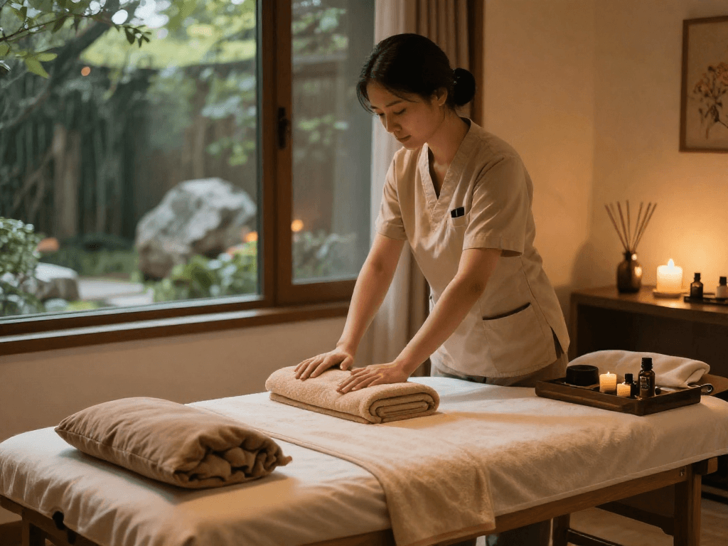출장마사지 session setup with warm oils and calming atmosphere in a hotel.