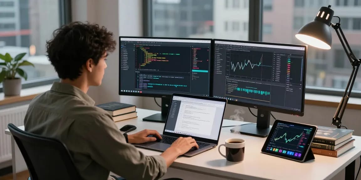 Developer using forex real-time quote API on dual monitors in a modern workspace