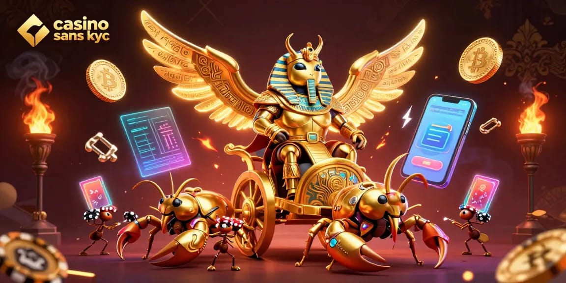Jouer dans un casino sans KYC en ligne avec un scarabée doré majestueux parmi des pièces de crypto.