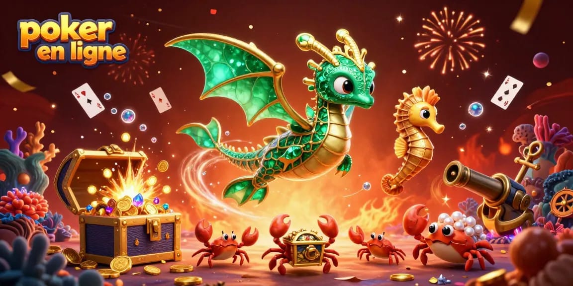 Jouer aux cartes et gagner au poker en ligne avec des dragons des mers étincelants.