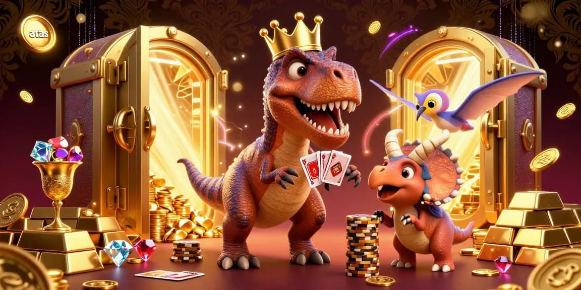 Engage with the vibrant atmosphere of the atas casino where animated dinosaurs shuffle cards and stack chips amidst a treasure trove.