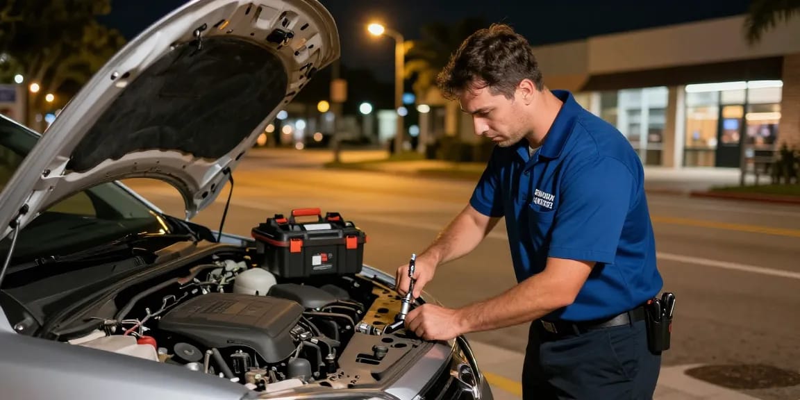 24 hour locksmith Fort Lauderdale providing emergency car unlocking service in urban setting.
