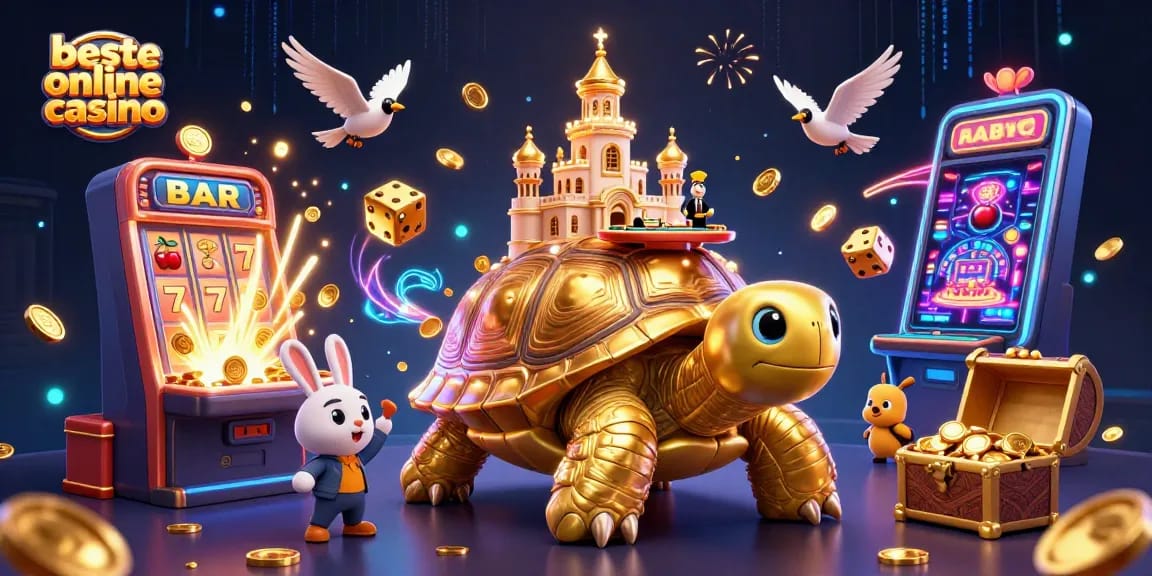 Experience the thrill of beste online casino with a magical 3D scene featuring a golden tortoise casino.