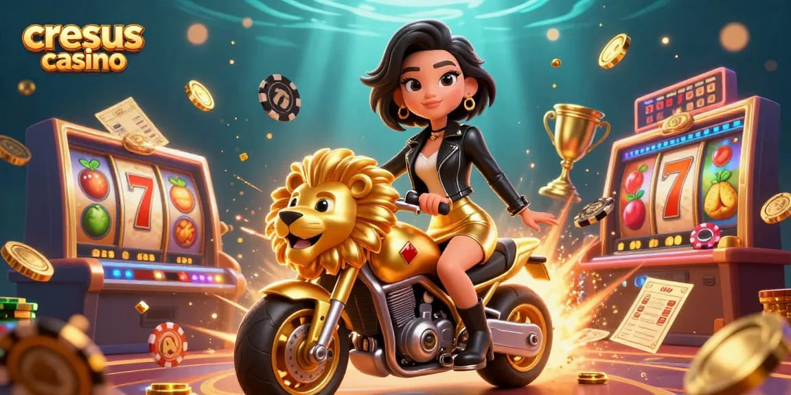 Cresus casino présente une illustration 3D passionnante avec un personnage glamour et des éléments de jeu captivants.