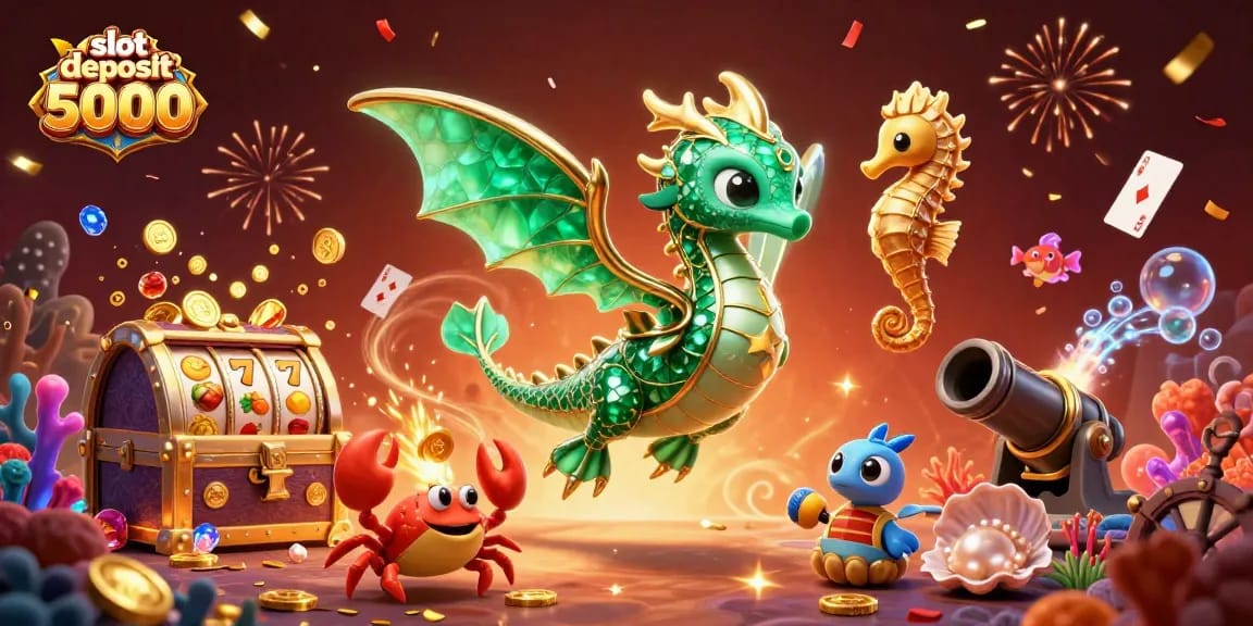 Experience exciting wins at slot deposit 5000 with vibrant treasure-filled underwater scene.