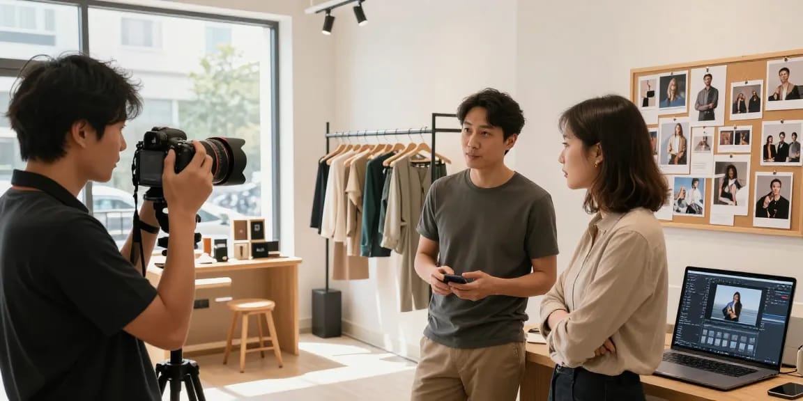Un fotografo commerciale cattura l'essenza di un business locale in uno studio luminoso e moderno.