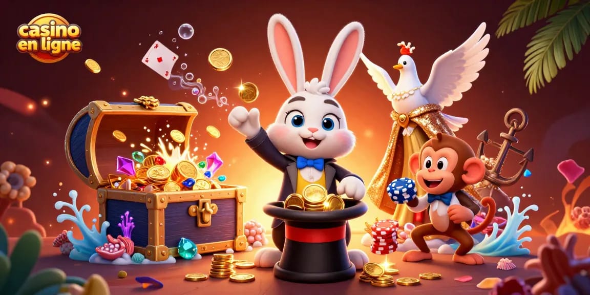 Jouez au casino en ligne avec une scène dynamique et des personnages colorés illustrant la magie des jeux.
