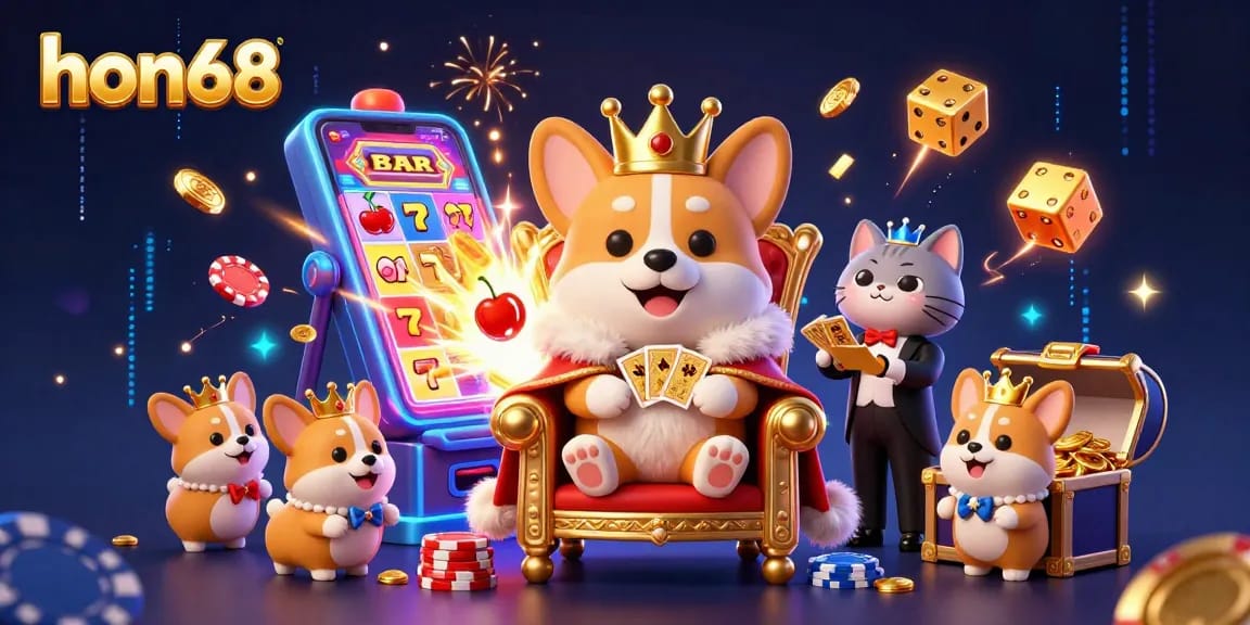 hon68 celebrates vibrant gaming with a royal corgi on a poker chip throne amidst casino excitement.