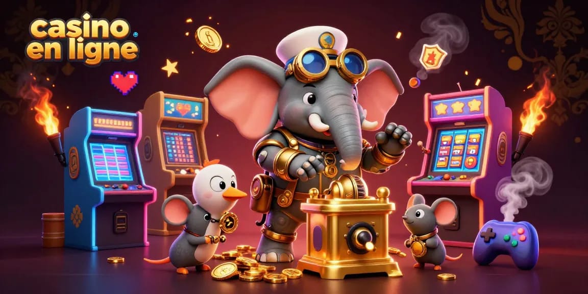 Faites tourner la machine à sous dorée dans le casino en ligne avec des personnages de style steampunk et des éléments vibrants et colorés.