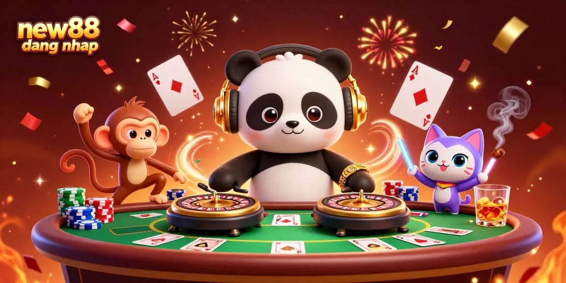 Experience the excitement of new88 dang nhap with vibrant characters enjoying a 3D casino atmosphere.