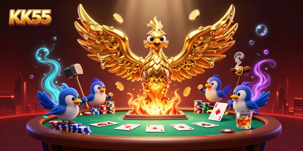 Engage in thrilling gameplay at KK55 with a golden phoenix symbolizing fortune.