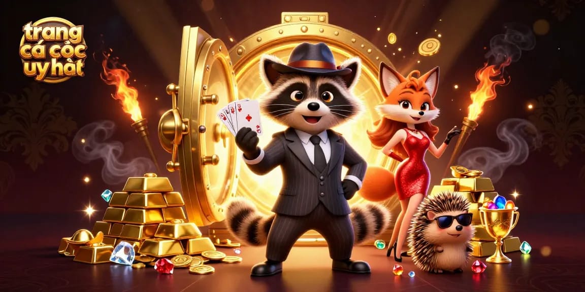 Experience excitement at trang cá cược uy tín, featuring a suave raccoon with a royal flush amidst gold treasures.