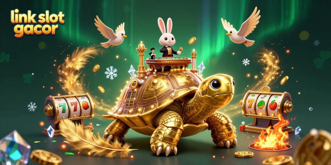 Mainkan permainan menarik di link slot gacor yang menampilkan adegan kasino unik dengan dealer kelinci dan kura-kura emas.