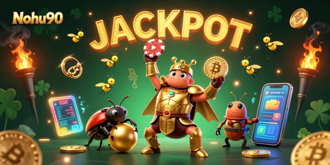 Nohu90 showcases a victorious beetle and jackpot theme with vibrant casino elements.