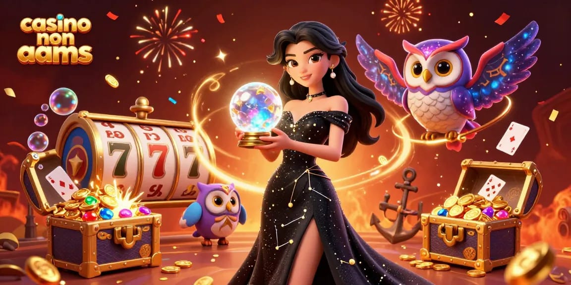 Vivi l'emozione dei casino non AAMS con un'illustrazione straordinaria che presenta una scena dinamica di una donna 3D e elementi mistici.