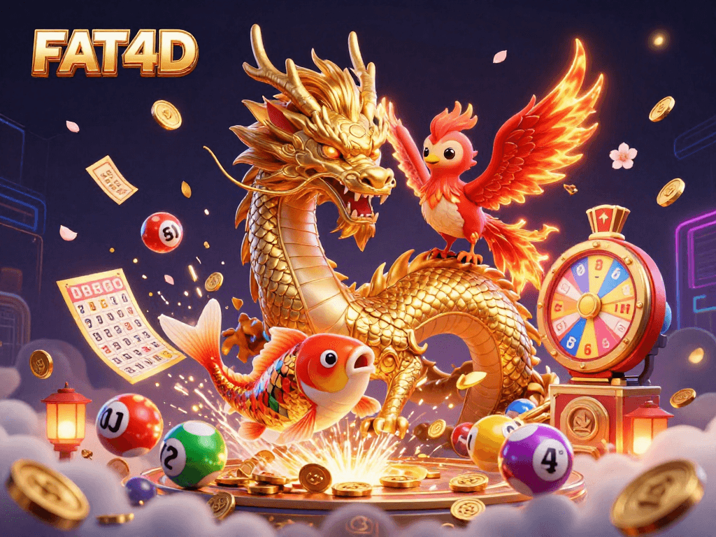 Engage in thrilling gaming at FAT4D with a vibrant scene showcasing a golden dragon and phoenix surrounded by casino elements.