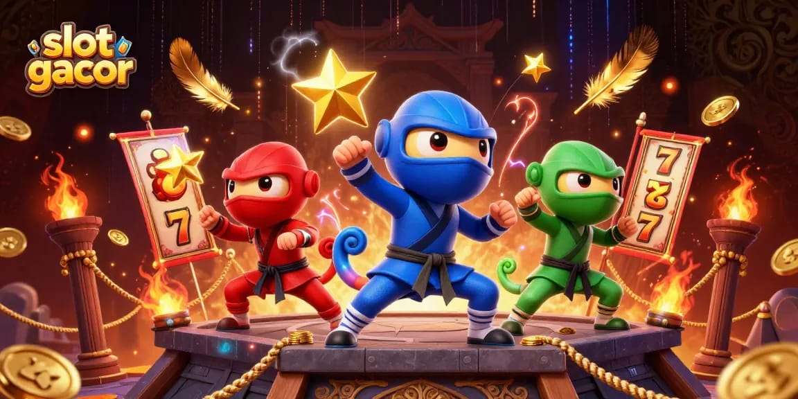 Engaging scene of ninja chameleons showcasing slot gacor themes with coins and jackpot elements.