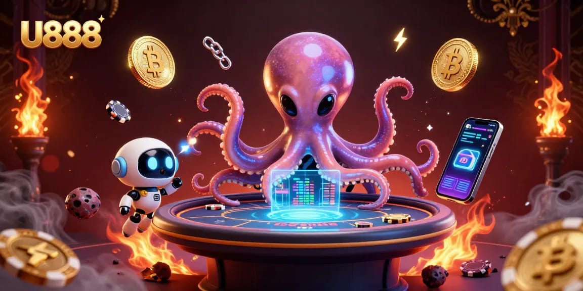 U888 offers thrilling poker experiences as the alien octopus engages with holographic gameplay in a cosmic setting.