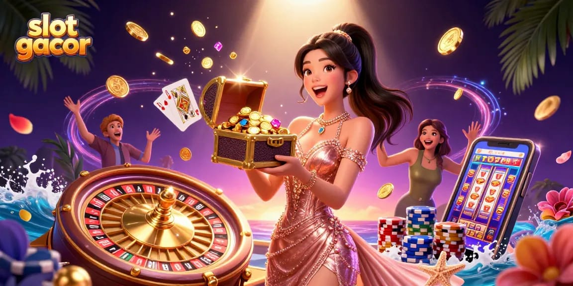 Experience thrilling wins at slot gacor featuring a joyful woman and golden treasures.