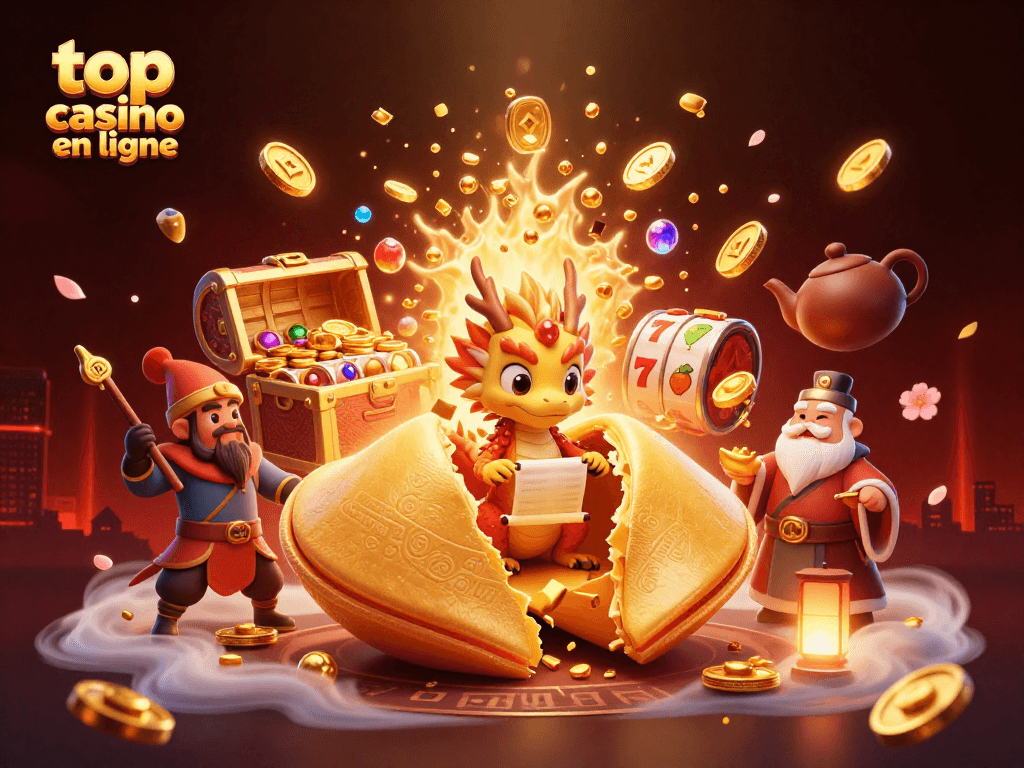 Découvrez le top casino en ligne avec une scène ludique présentant des dragons, des rouleaux et des symboles de jackpot.