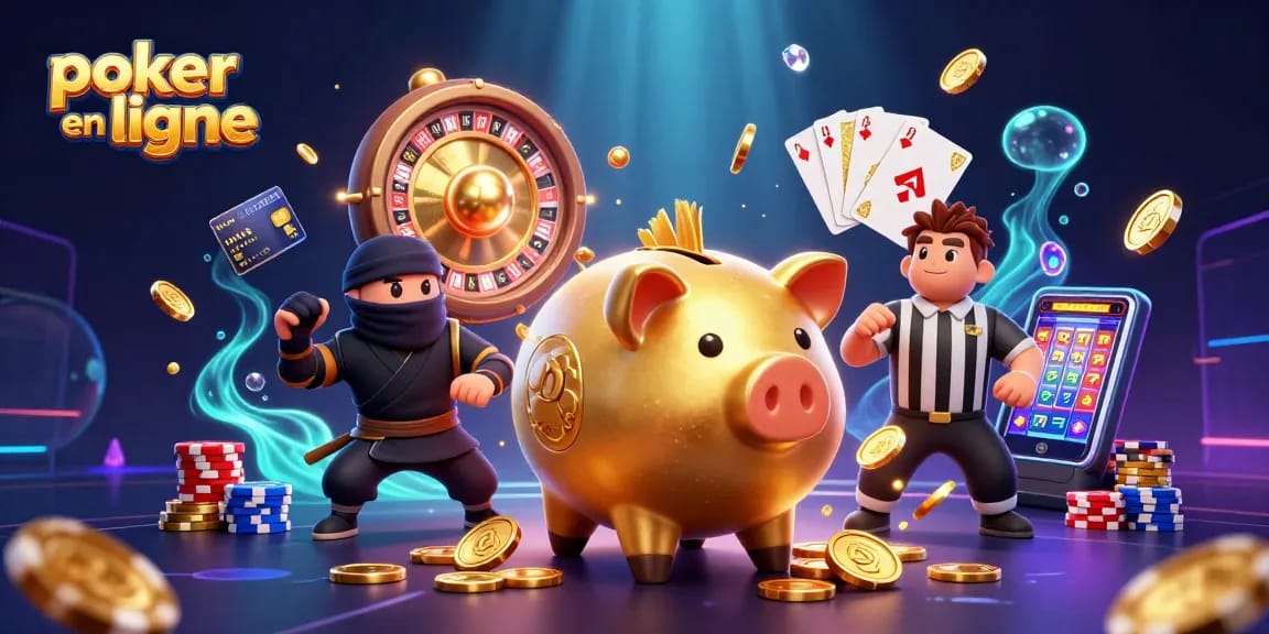 Jouez au poker en ligne avec énergie grâce à cette illustration 3D dynamique, remplie de pièces d'or et de jetons colorés.