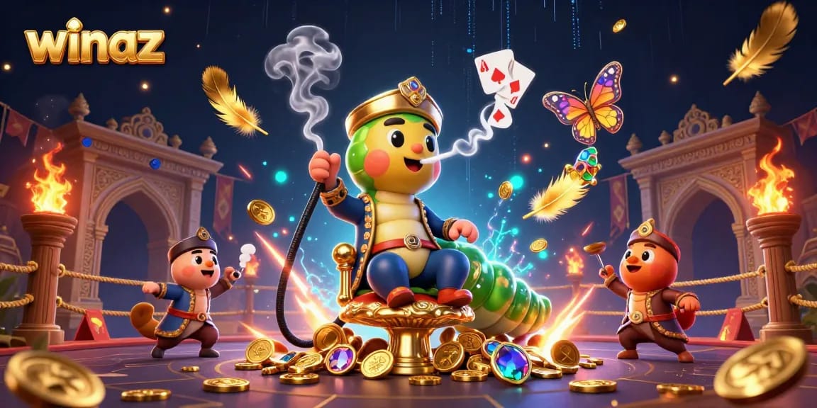 Experience the vibrant world of winaz as an enormous caterpillar hookah-master engages in playful poker amidst atmospheric gaming elements.