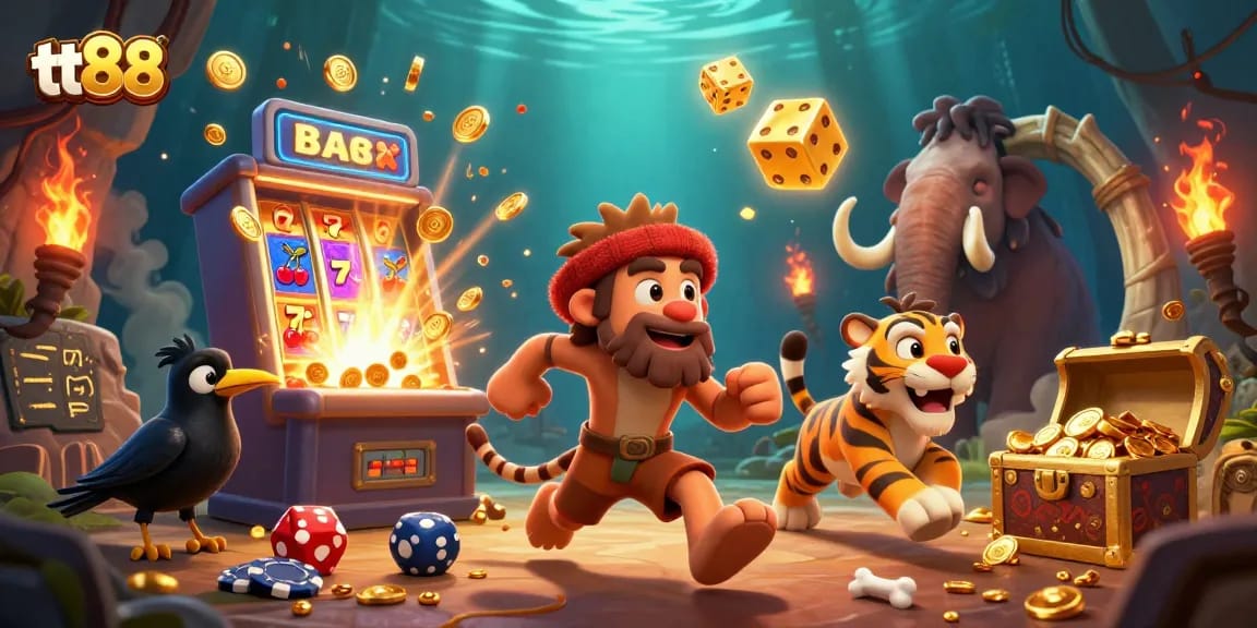 Experience the thrilling world of tt88 with cartoon cavemen games, jackpotted slot machines, and festive celebrations.