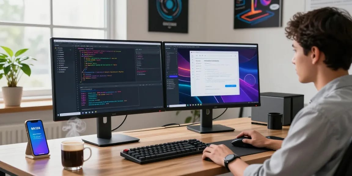 快连 software environment with a developer coding on dual monitors, enhancing productivity and creativity in a modern tech workspace.