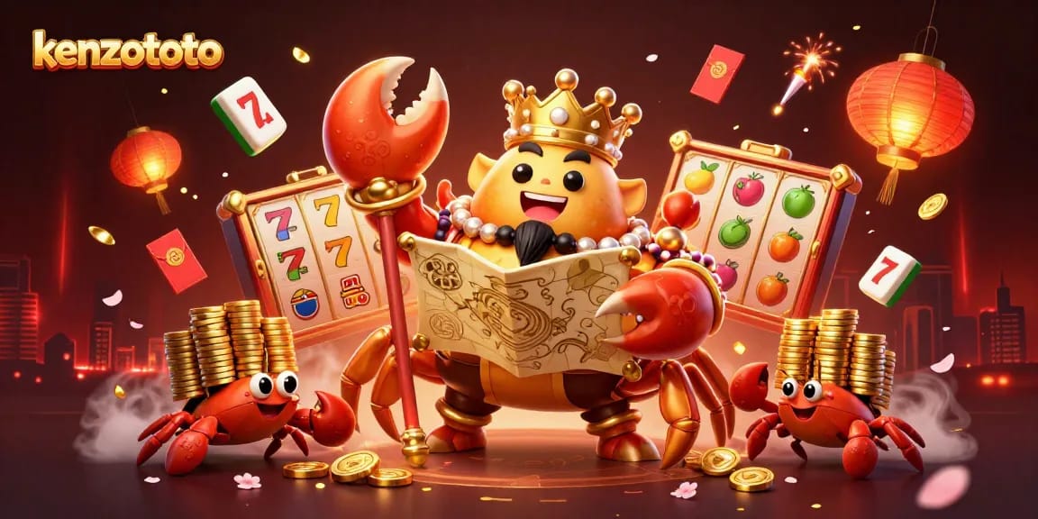 Kenzototo engages players with dynamic slot reels and a golden crab emperor in a thrilling casino scene.