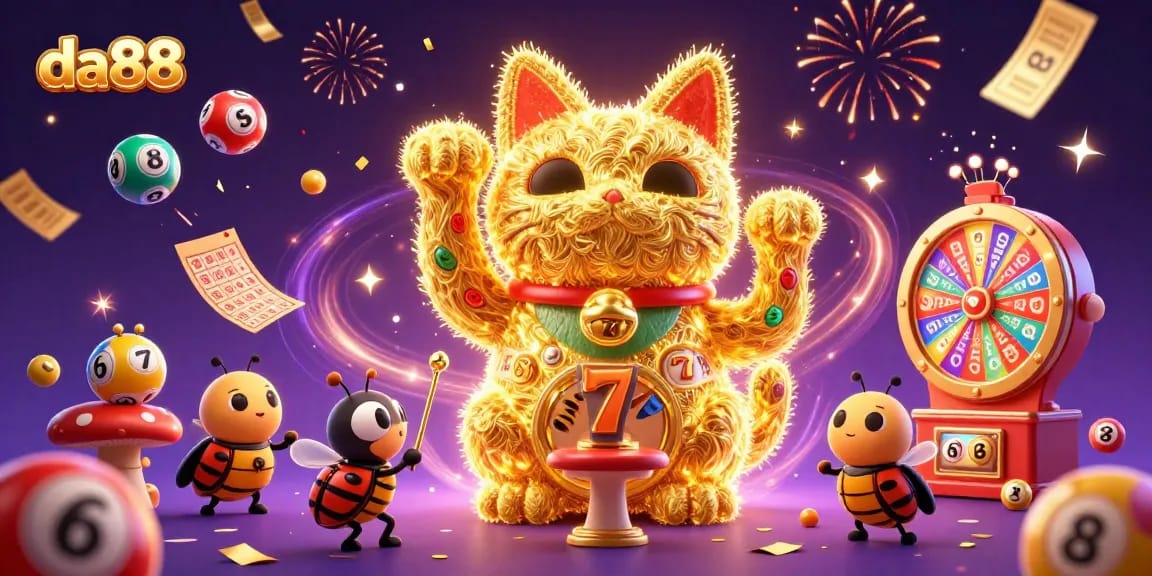 Join the fun with da88's lucky cat amidst vibrant casino elements and colorful prizes.