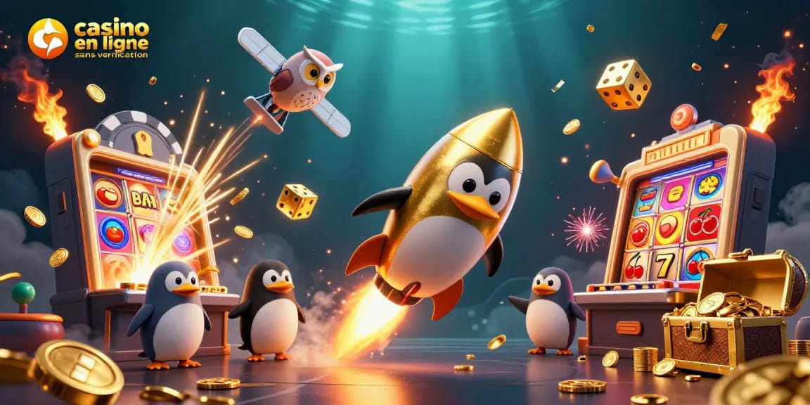 Illustration dynamique de casino en ligne sans vérification montrant un pingouin doré propulsé par une fusée, des machines à sous et des symboles de jackpot.