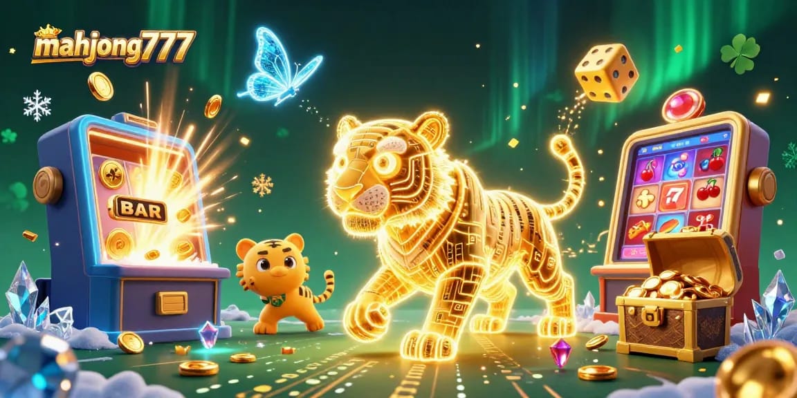 Experience the thrill of mahjong777 with a vibrant digital casino scene featuring a golden tiger and jackpot excitement.