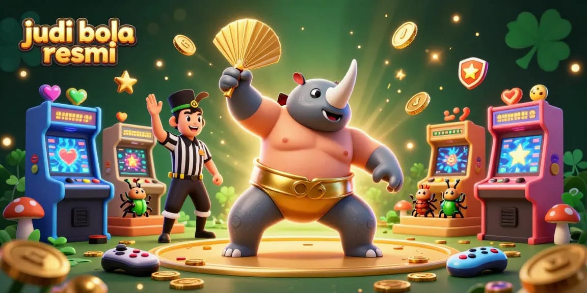 Engage with judi bola resmi excitement as a beetle champion stomps coins among a lively casino scene.