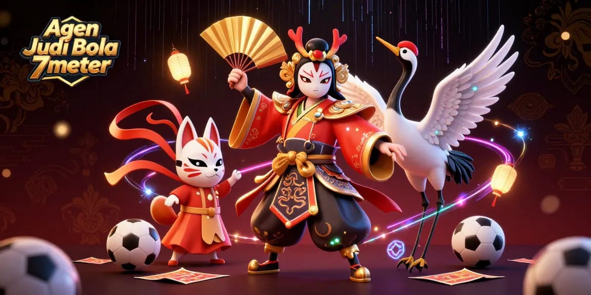 Agen Judi Bola 7meter showcases sports betting excitement with a kabuki warrior and kitsune mask in a vibrant illustration.