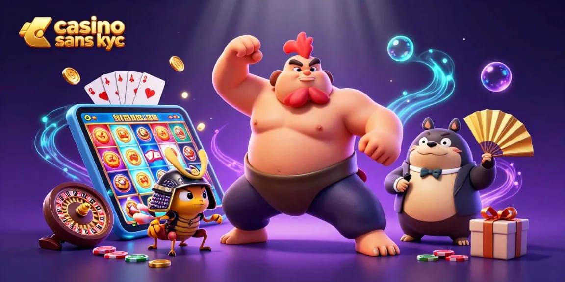 Actionner au casino sans KYC avec un rooster sumo et un cricket samouraï dans une illustration colorée.