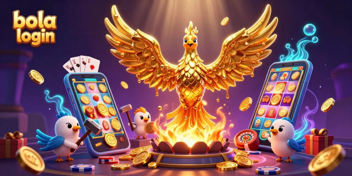 Exciting bola login scene with a golden phoenix and casino elements erupting with winnings.