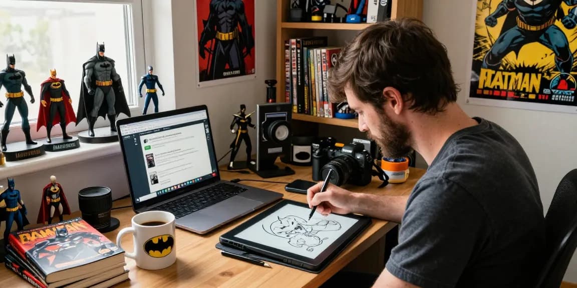 Passionate artist creating Batman artwork at home office batmanloyal.com