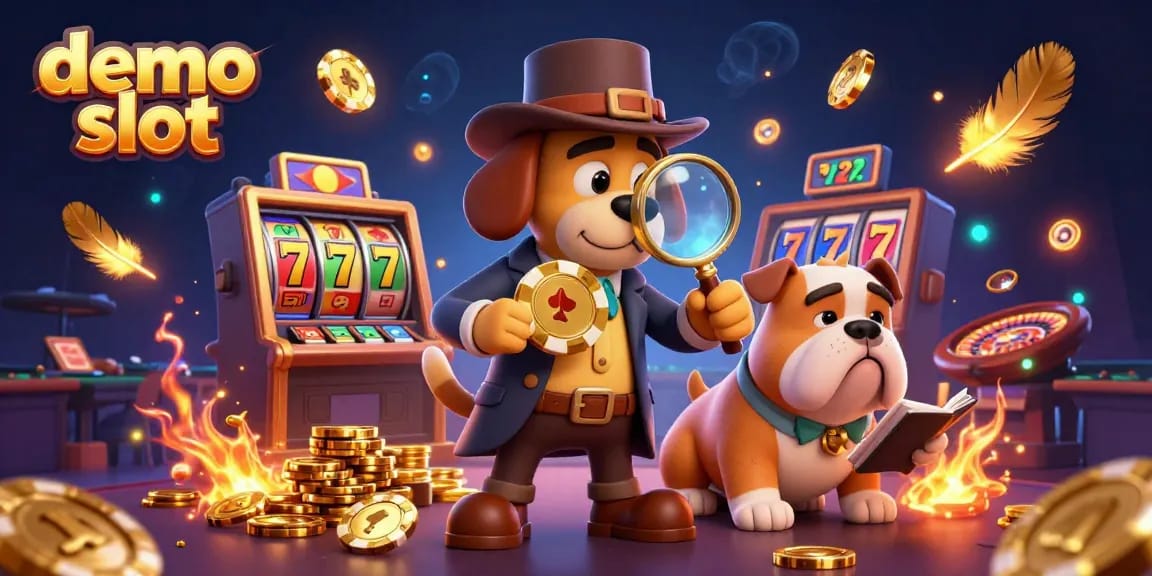 Engage with demo slot excitement through this detailed casino illustration of characters surrounded by animated slot elements.