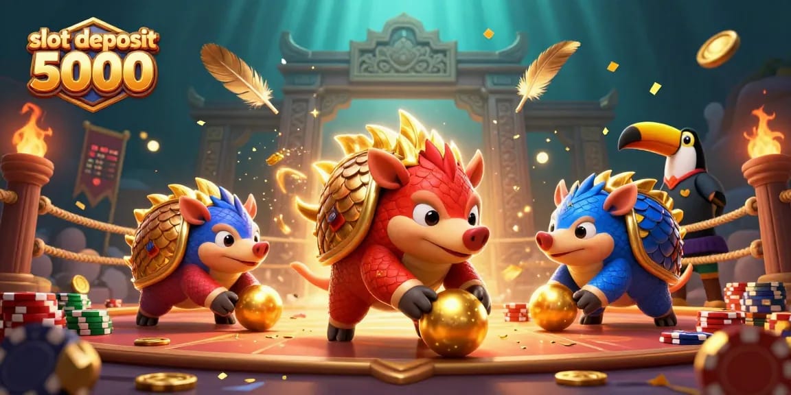 Slot deposit 5000 menampilkan pangolin berperang di arena slot yang megah penuh koin emas.