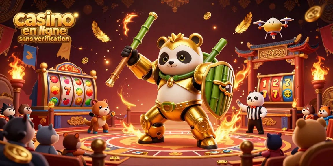 Découvrez l'action immersive dans un casino en ligne sans vérification, avec un panda doré en armure et des rouleaux de machines à sous.