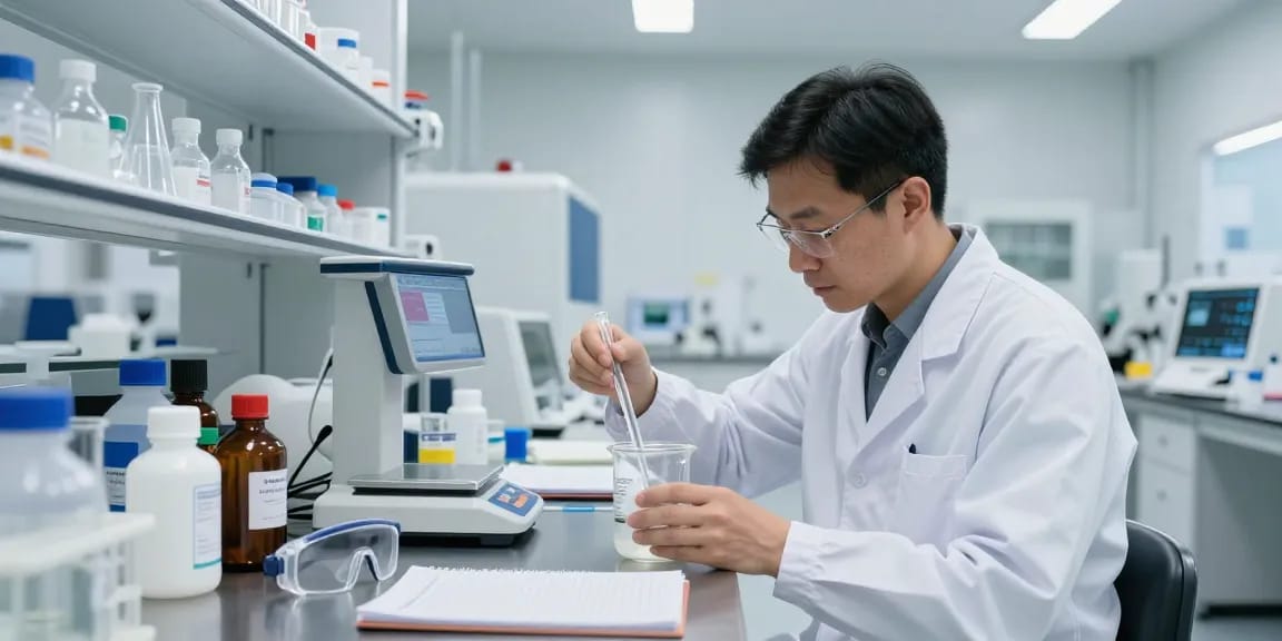 Scientist measuring 14-butanediol for sale in a modern lab, showcasing chemical accuracy.