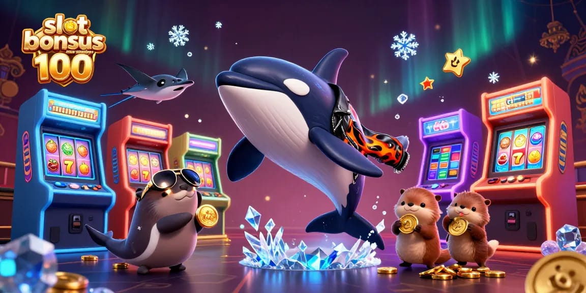 Experience the excitement of the slot bonus new member 100 with vibrant casino characters and elements.