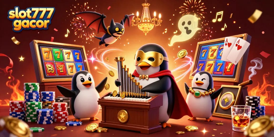 Permainan slot777 gacor dengan penguin opera 3D dan efek koin emas yang menakjubkan.