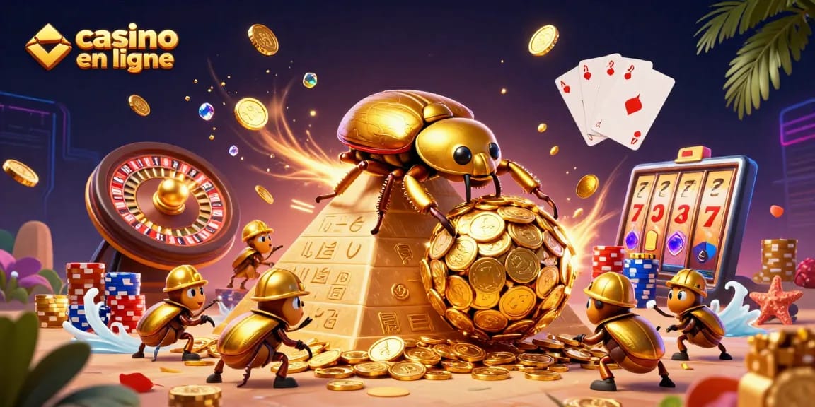 Jouez à des jeux de casino en ligne avec casino en ligne, des pièces d'or et des symboles lumineux.