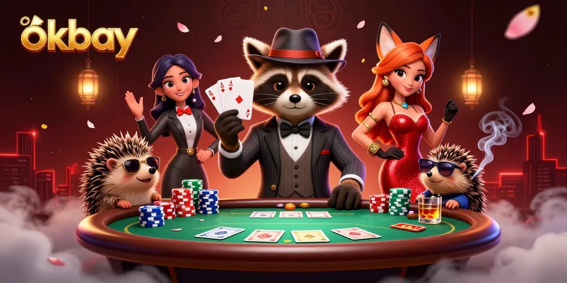 Experience exciting poker action at okbay with a charming raccoon and friends enjoying the game.