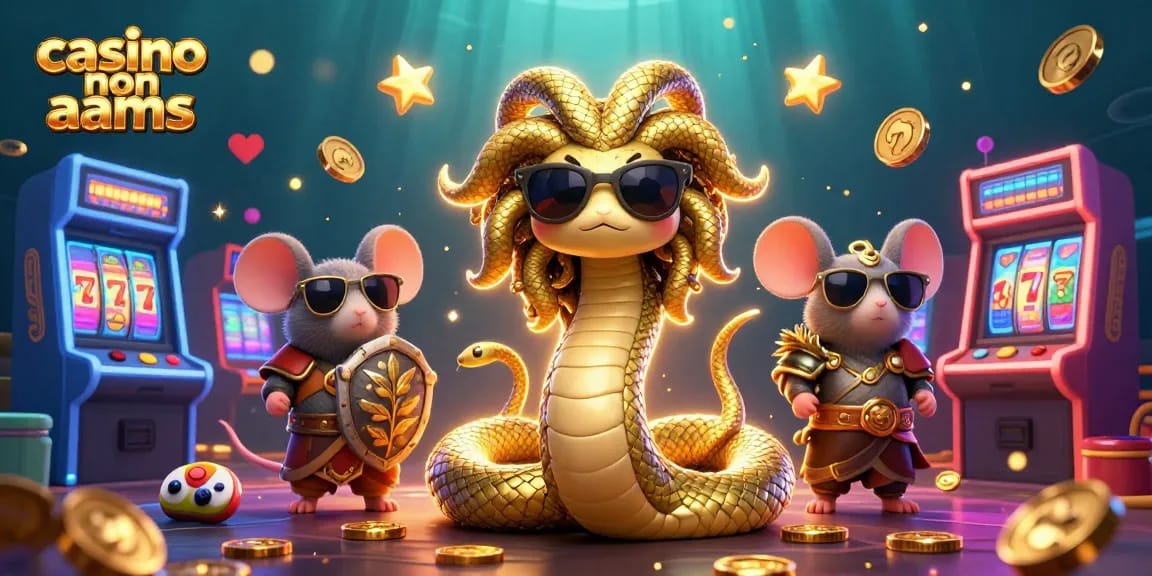 Interagisci con i casinò non AAMS in un'illustrazione animata 3D vivace che mostra una dolce Medusa e un topo guerriero circondati da slot machine.